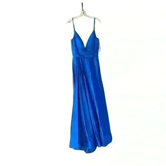 NEW La Femme Blue Sleeveless V-Neck High Leg Slit A-Line Gown size 10 - Picture 10 of 10